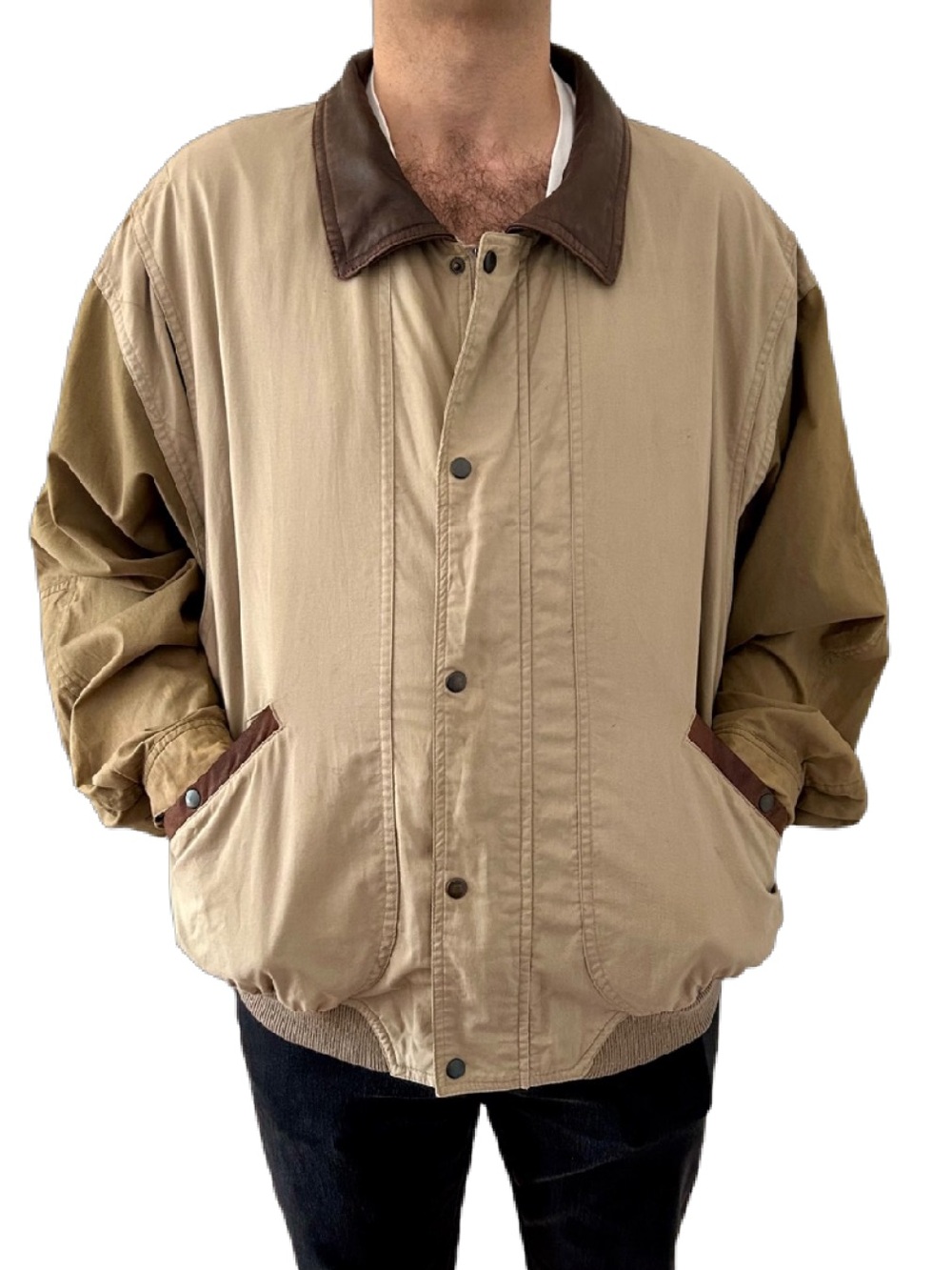 Vintage Boston Traders Bomber Jacket L Beige Olive Leather Collar Oversized 90s